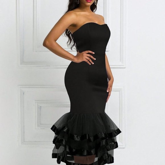 Black Preppy Womens Contrast Mesh Mermaid Hem Tube Dress - Picture 3 of 5